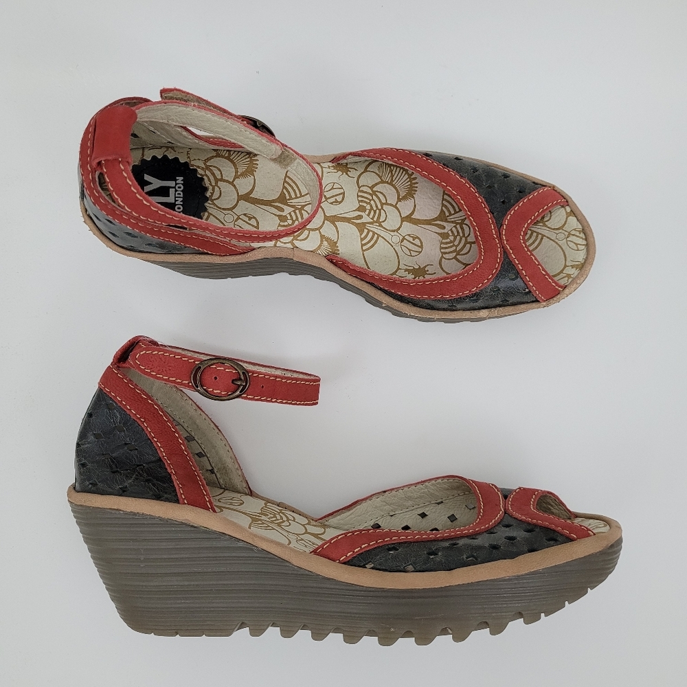 Fly London Ydel Perforated Leather Wedge Sandals – Women’s 8.5/39